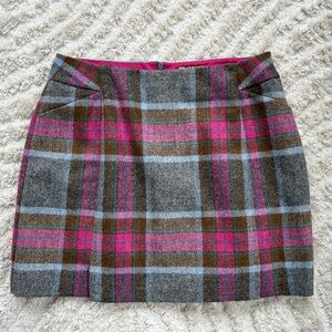 Boden British Tweed Mini Skirt by Moon in Pink, Gray & Brown Plaid